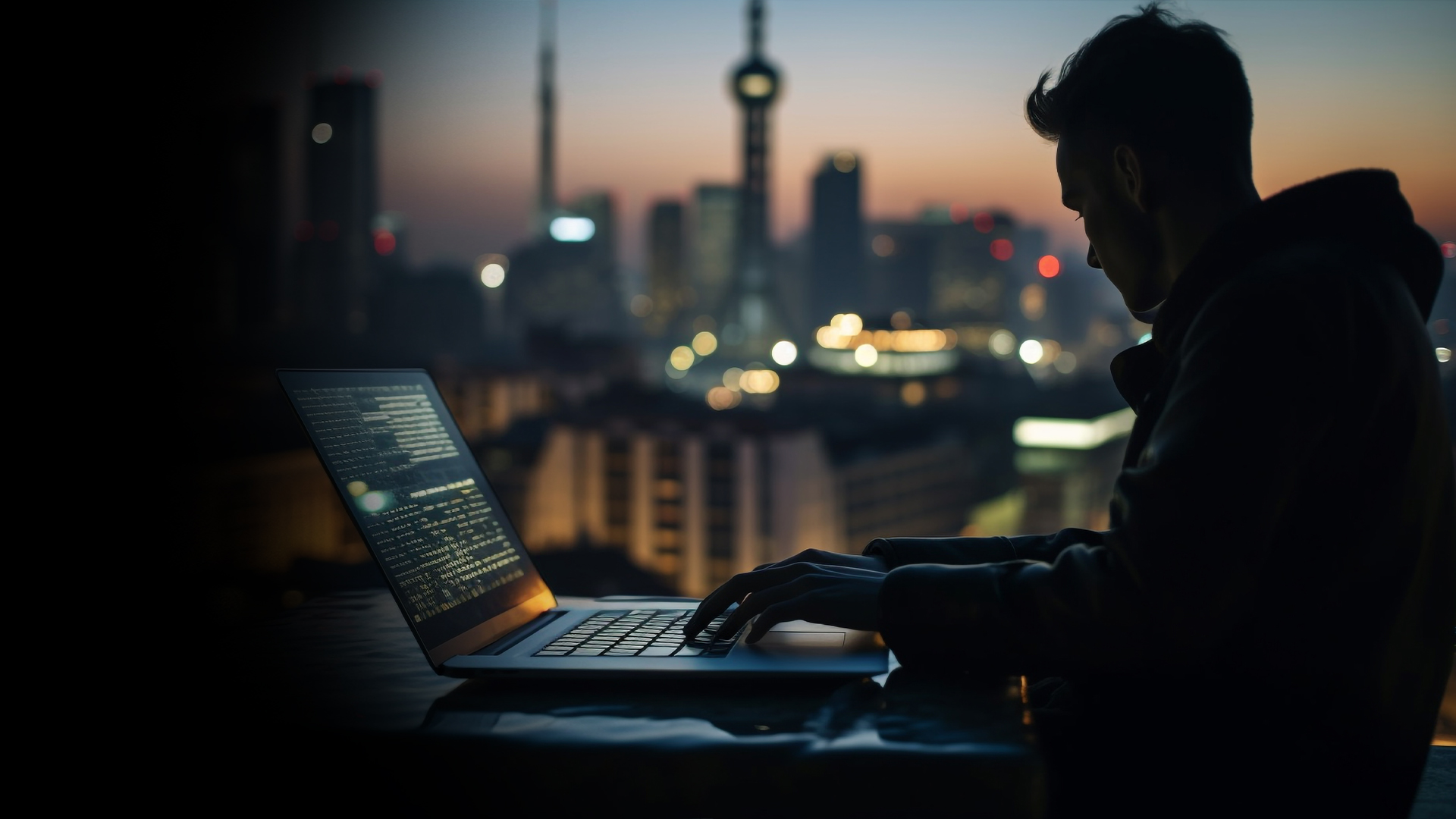 Person typing on a laptop at a dimly lit outdoor table with a blurred city skyline at dusk behind them.