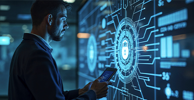 Man in a dark shirt uses a tablet to interact with a futuristic cybersecurity interface projected on a wall glass panel.
