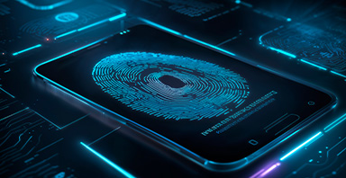 Smartphone screen showing a digital fingerprint for biometric authentication, set in a blue neon circuit background.