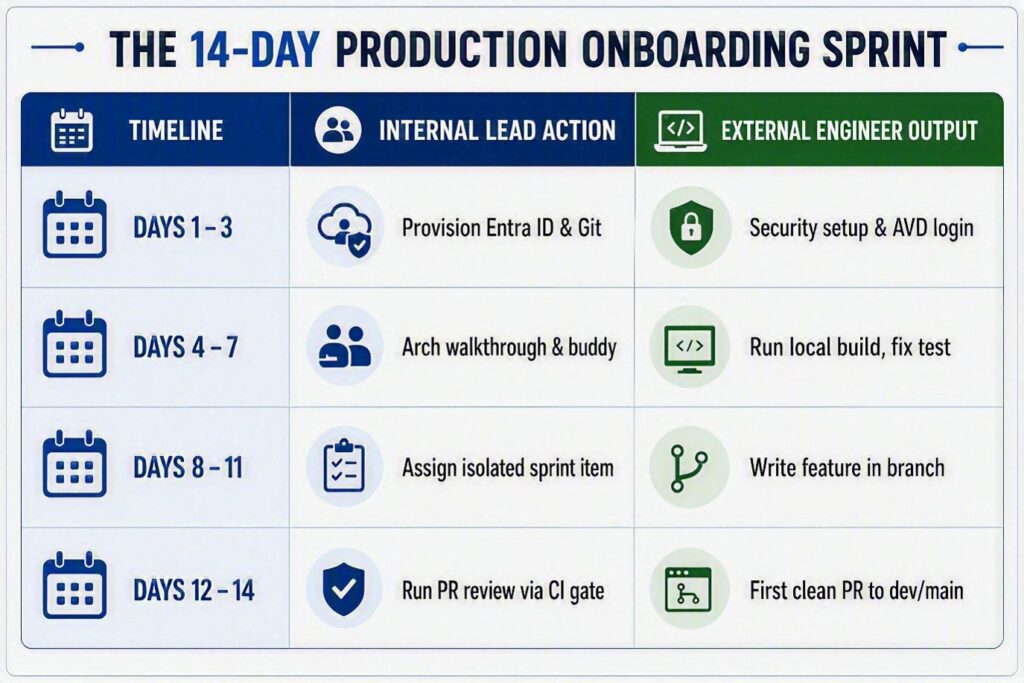 Table titled The 14-Day Production Onboarding Sprint showing a 4-row timeline with three columns: Timeline, Internal Lead Action, External Engineer Output (days 1–3, 4–7, 8–11, 12–14).