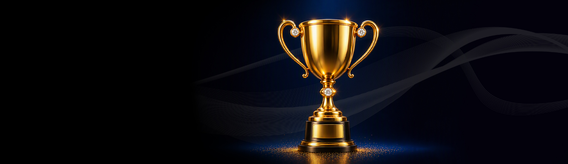 Gold trophy on a dark blue stage with shimmering reflections and tiny sparks at the base in a victory scene.