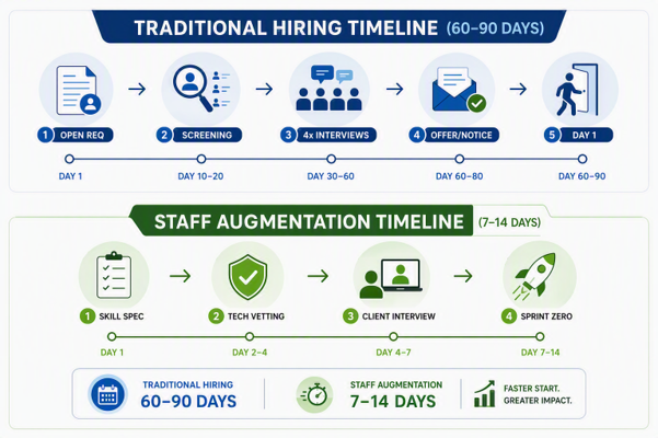 Infographic comparing two hiring timelines: Traditional (60–90 days) and Staff Augmentation (7–14 days) with steps for each.